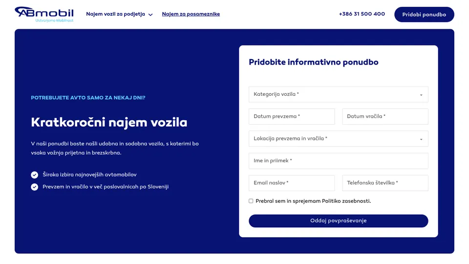 abmobil.si, kratkoročni najem z obrazcem za ponudbo
